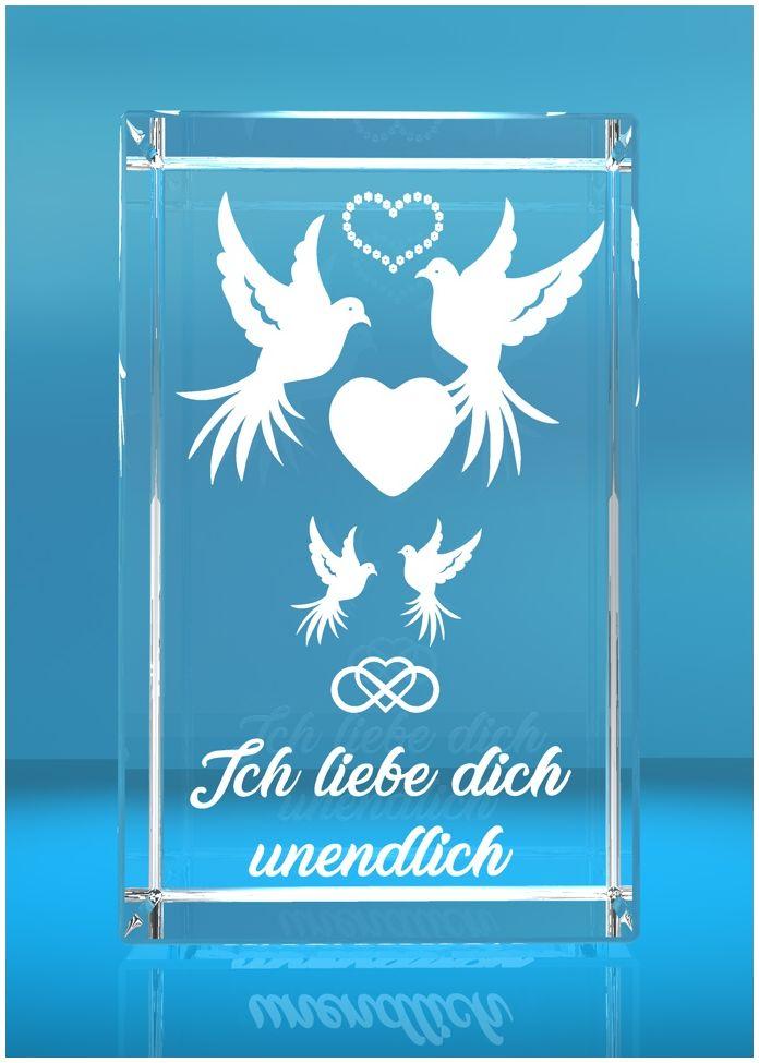 3D Glasquader I Tauben mit Text Ich liebe Dich unendlich graviert