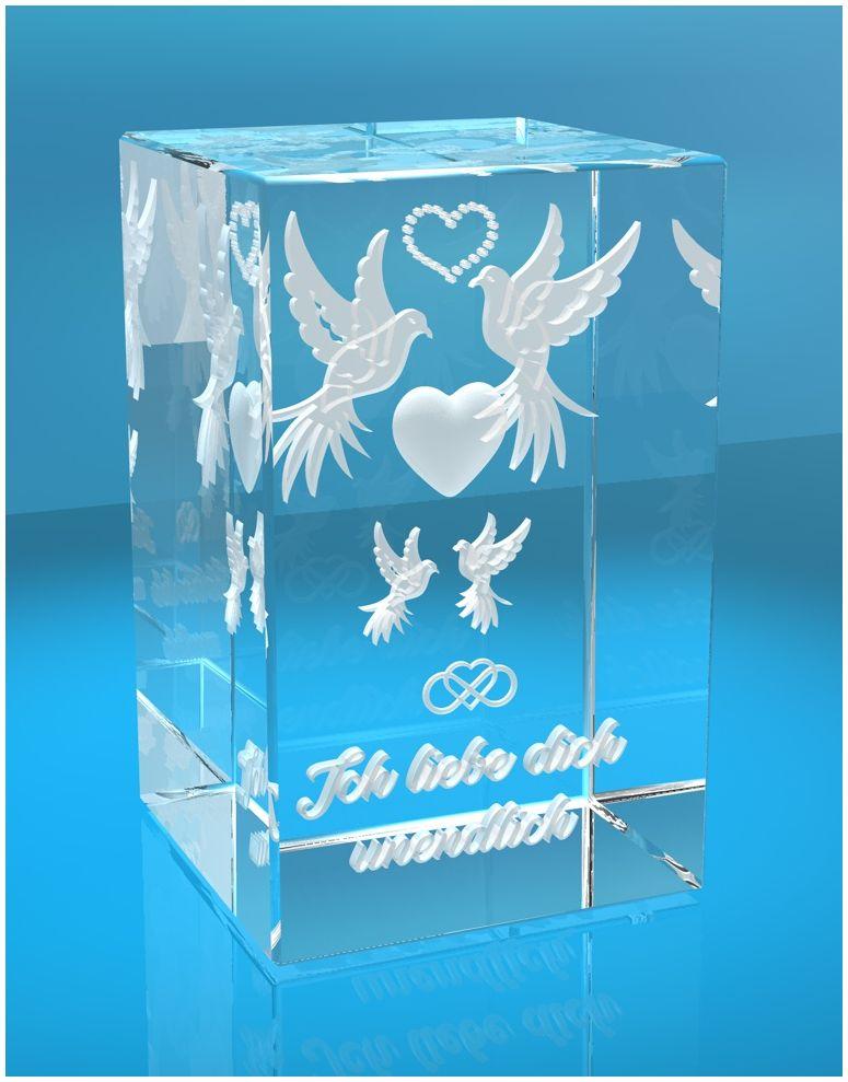 3D Glasquader I Tauben mit Text Ich liebe Dich unendlich graviert